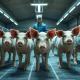 Healthy lean hogs in a modern barn with a farmer observing in the background, representing the livestock futures market.