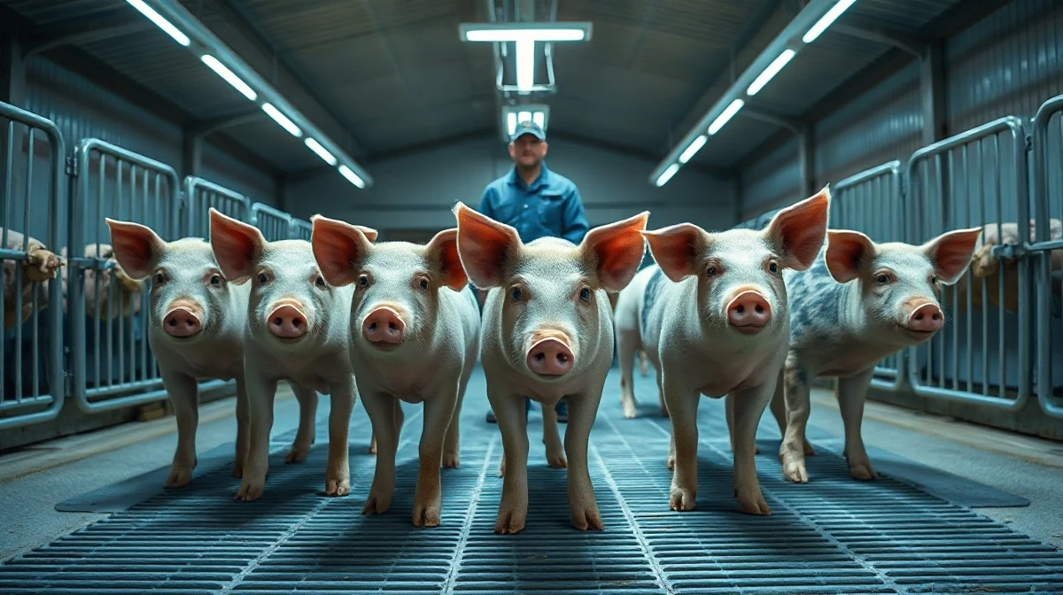 Healthy lean hogs in a modern barn with a farmer observing in the background, representing the livestock futures market.