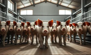 Lean hogs in a modern barn setting, representing livestock commodity markets.