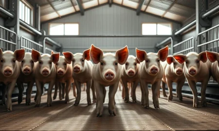 Lean hogs in a modern barn setting, representing livestock commodity markets.