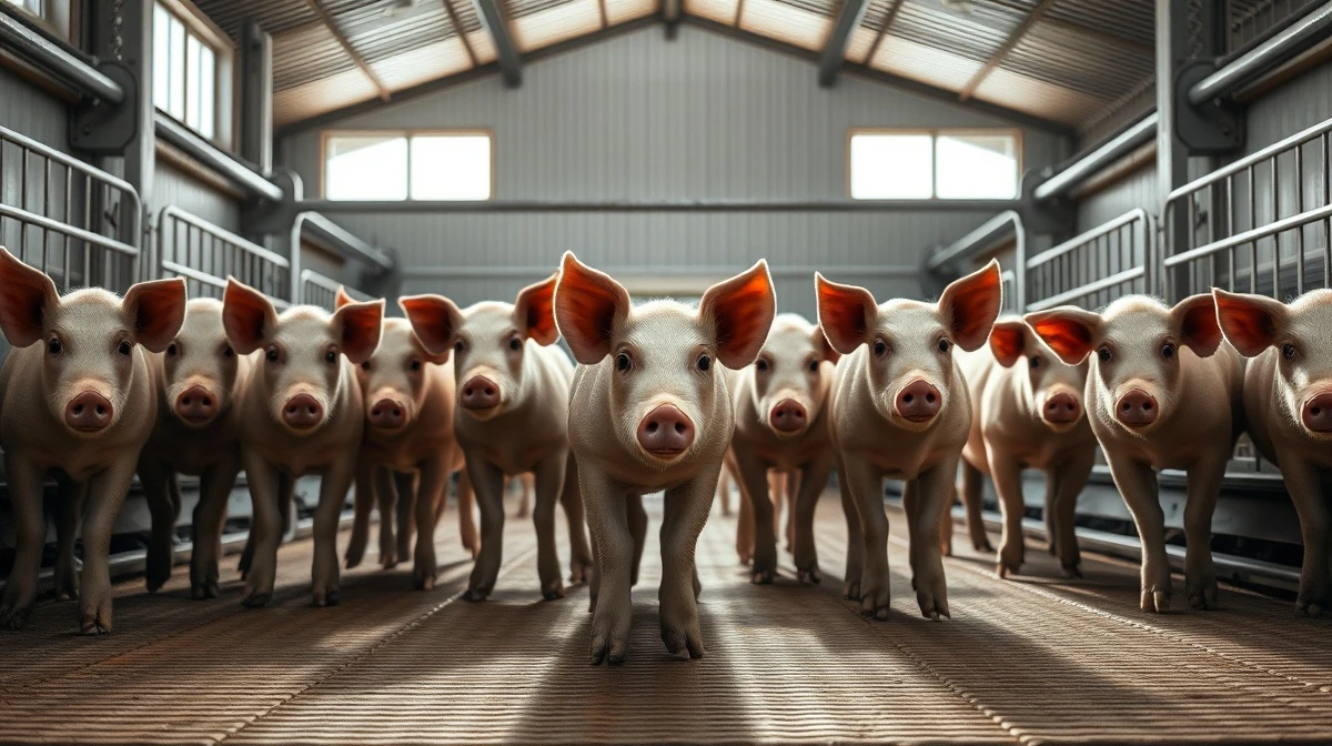 Lean hogs in a modern barn setting, representing livestock commodity markets.