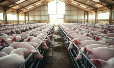 Hogs in a modern barn facility representing the agricultural commodities market