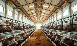 Interior of a modern hog barn with pigs in pens, representing the livestock commodity market.