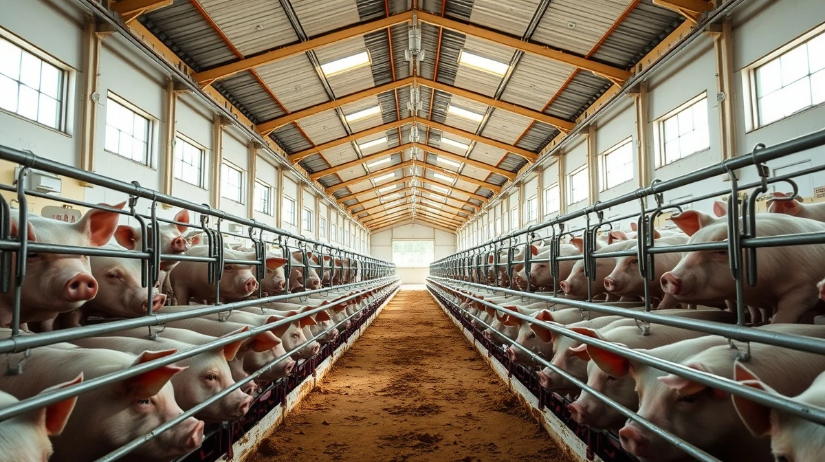 Interior of a modern hog barn with pigs in pens, representing the livestock commodity market.