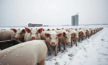 Hogs in a snowy feedlot on an overcast day, representing the impact of winter weather on livestock markets.