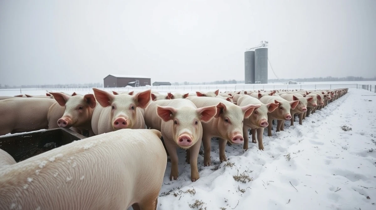 Hogs in a snowy feedlot on an overcast day, representing the impact of winter weather on livestock markets.