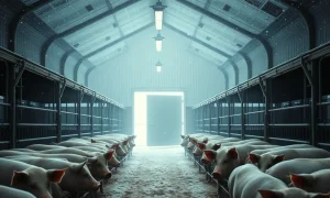 Hogs in a barn during a winter storm, with snow visible through an open doorway.