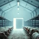 Hogs in a barn during a winter storm, with snow visible through an open doorway.