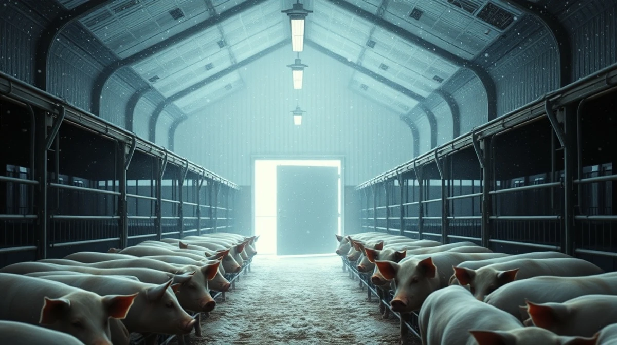 Hogs in a barn during a winter storm, with snow visible through an open doorway.