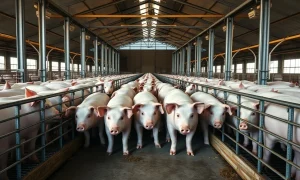 Hogs in a clean, well-lit pen at a modern farm facility