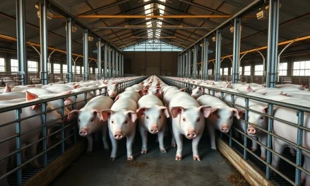 Hogs in a clean, well-lit pen at a modern farm facility