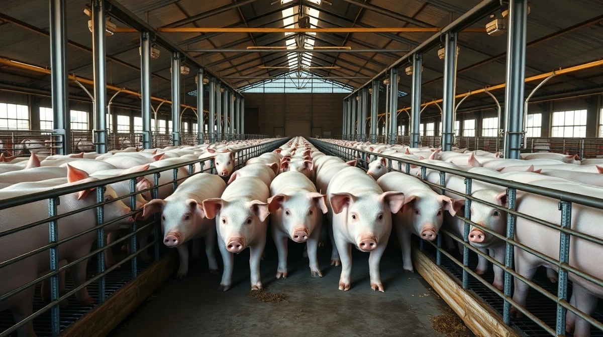 Hogs in a clean, well-lit pen at a modern farm facility