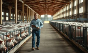 Interior of a modern hog barn with farmer walking between pens