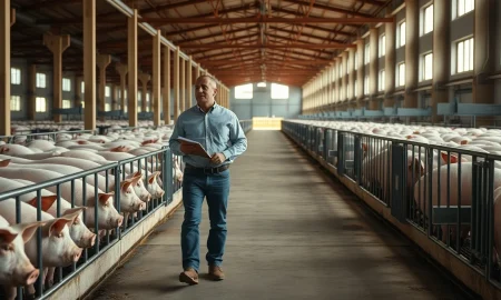 Interior of a modern hog barn with farmer walking between pens