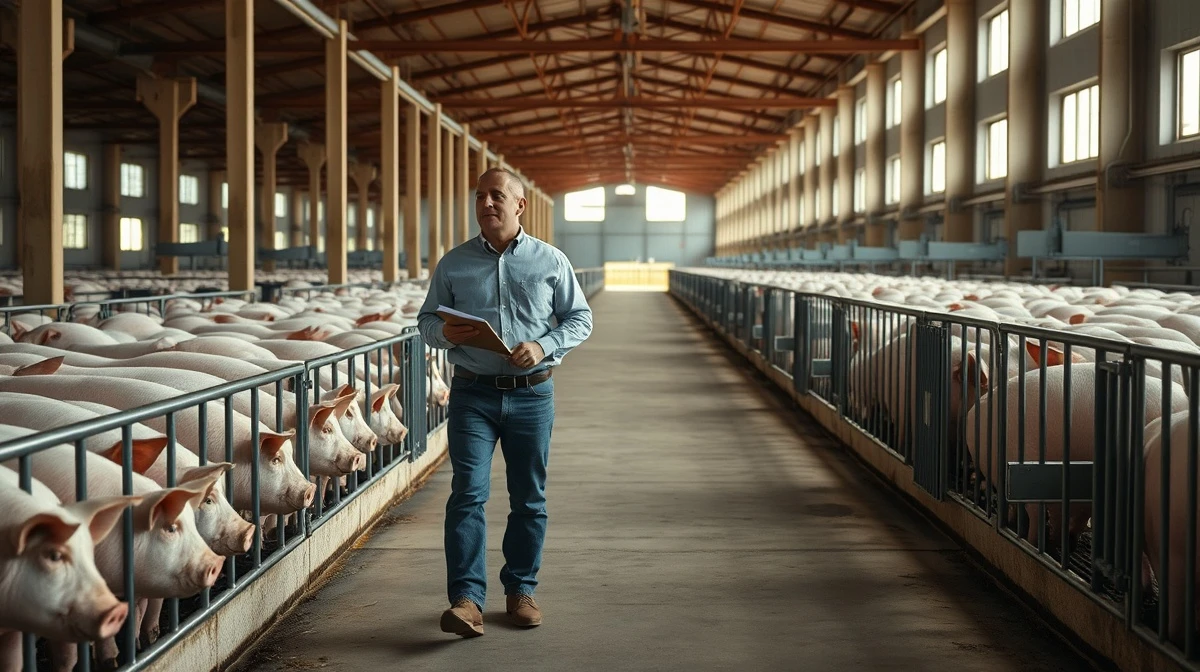 Interior of a modern hog barn with farmer walking between pens