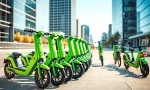 Row of Lime electric scooters and e-bikes parked on a city sidewalk