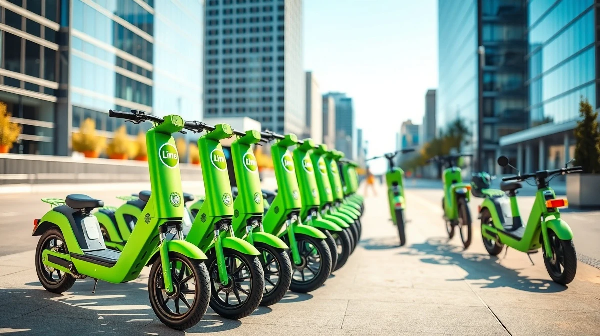 Row of Lime electric scooters and e-bikes parked on a city sidewalk