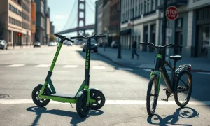 Lime electric scooters and e-bikes parked on a San Francisco street in daylight