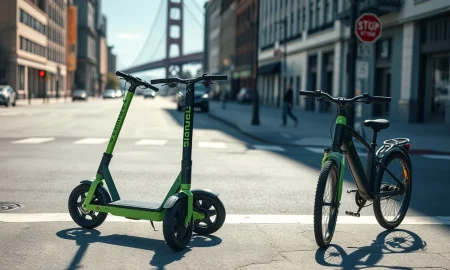 Lime electric scooters and e-bikes parked on a San Francisco street in daylight