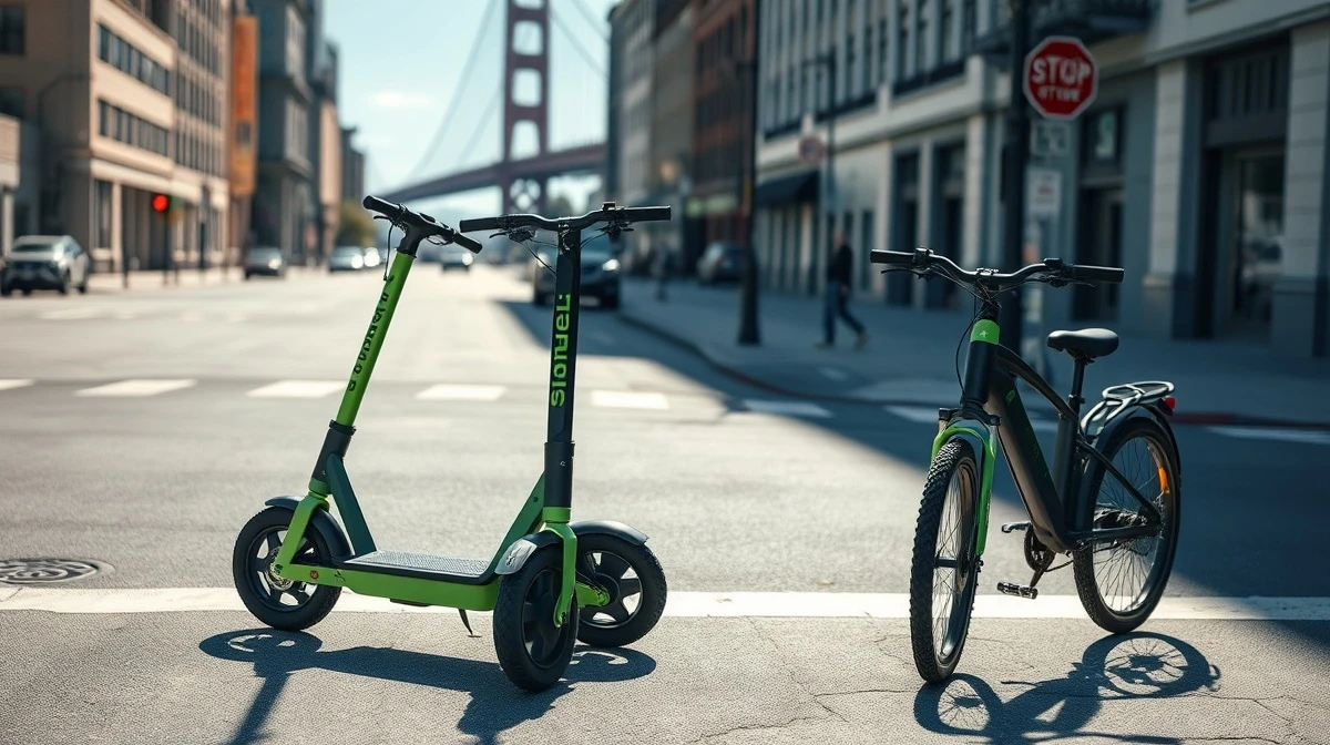 Lime electric scooters and e-bikes parked on a San Francisco street in daylight