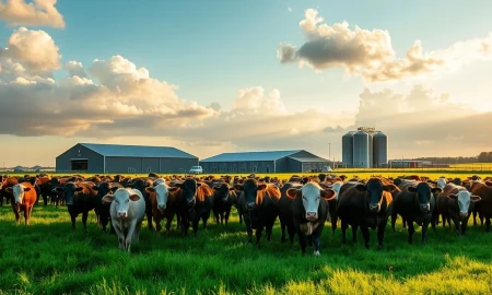 Beef cattle grazing in a pasture with a livestock auction barn in the background, representing the cattle futures market.