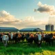Beef cattle grazing in a pasture with a livestock auction barn in the background, representing the cattle futures market.