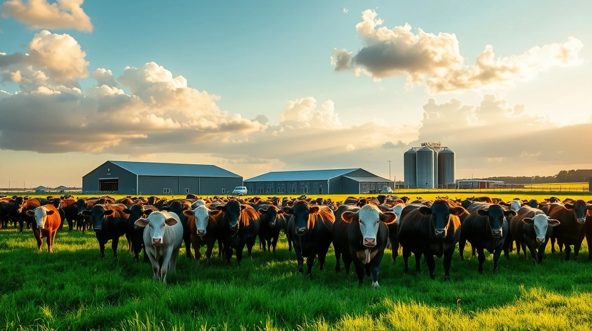 Beef cattle grazing in a pasture with a livestock auction barn in the background, representing the cattle futures market.