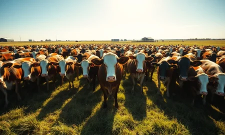 Herd of beef cattle grazing in a sunlit pasture, representing the live cattle market.