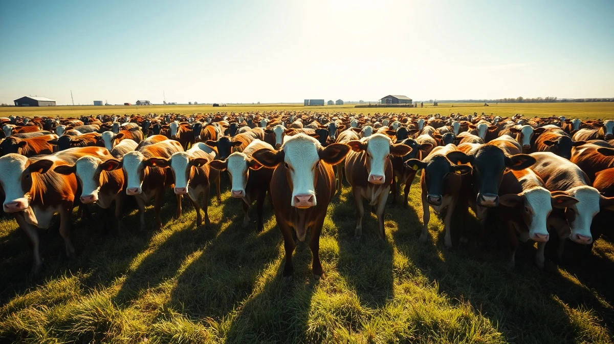 Herd of beef cattle grazing in a sunlit pasture, representing the live cattle market.
