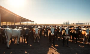 Herd of beef cattle in a feedlot pen under a clear blue sky, representing live cattle futures market activity.