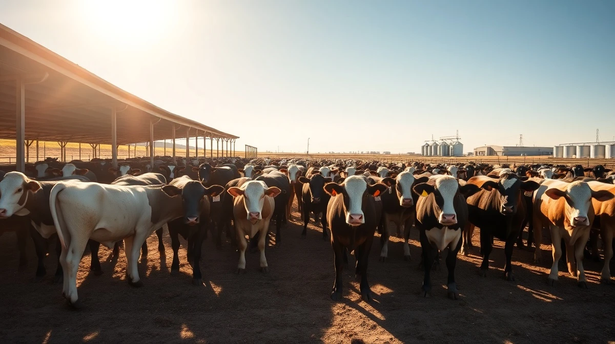 Herd of beef cattle in a feedlot pen under a clear blue sky, representing live cattle futures market activity.