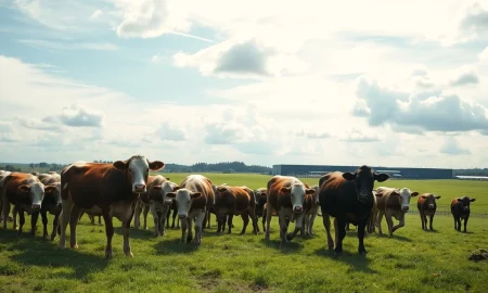 Herd of beef cattle grazing in a pasture under partly cloudy sky, representing the livestock commodity market.