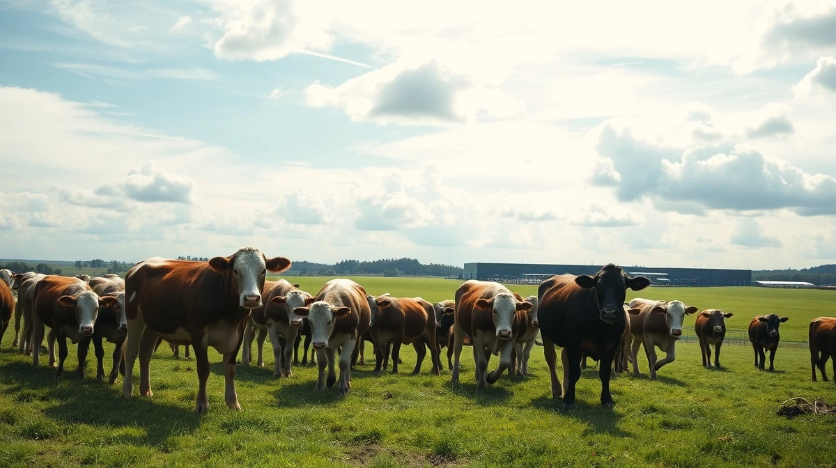 Herd of beef cattle grazing in a pasture under partly cloudy sky, representing the livestock commodity market.
