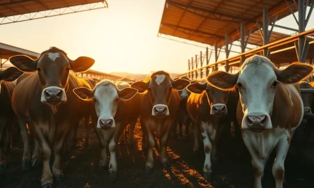 Herd of cattle in a feedlot during late afternoon, representing live cattle futures market activity.