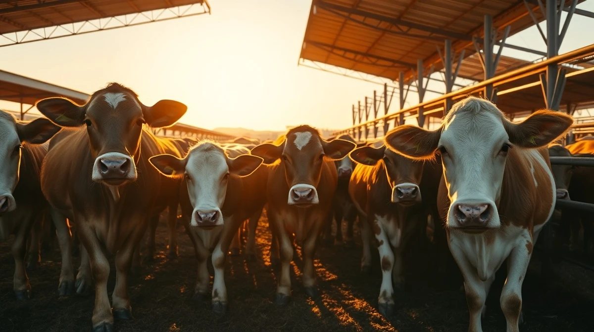 Herd of cattle in a feedlot during late afternoon, representing live cattle futures market activity.