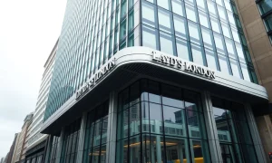 Exterior of the Lloyd's of London building on a cloudy day in the City of London.