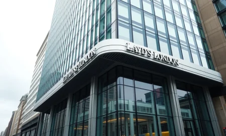Exterior of the Lloyd's of London building on a cloudy day in the City of London.