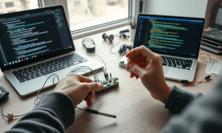 Hands assembling a hardware prototype kit with an AI chatbot interface on a laptop in a modern workshop