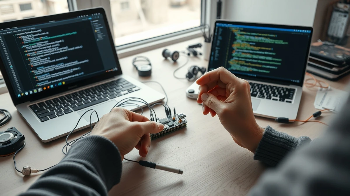 Hands assembling a hardware prototype kit with an AI chatbot interface on a laptop in a modern workshop