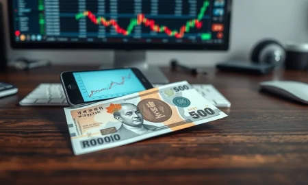 Malaysian ringgit banknote on a desk with a smartphone showing a forex chart.
