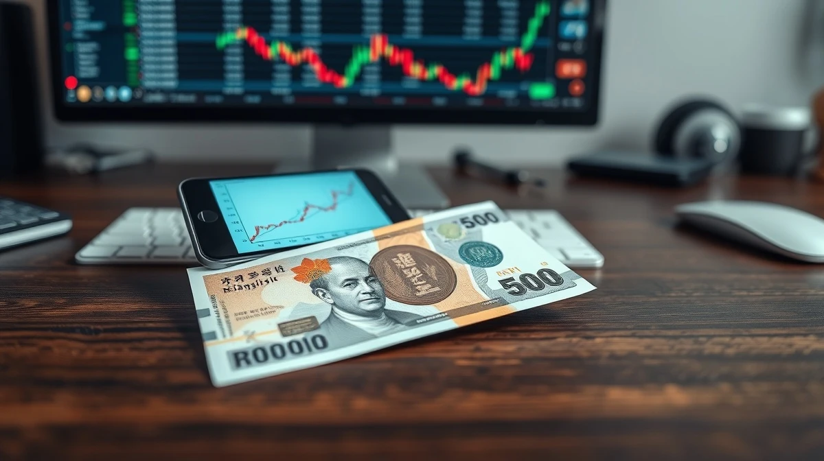 Malaysian ringgit banknote on a desk with a smartphone showing a forex chart.