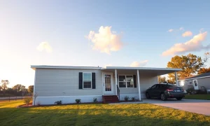 Modern manufactured home in suburban setting during golden hour