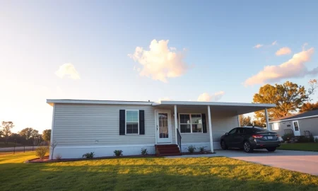 Modern manufactured home in suburban setting during golden hour