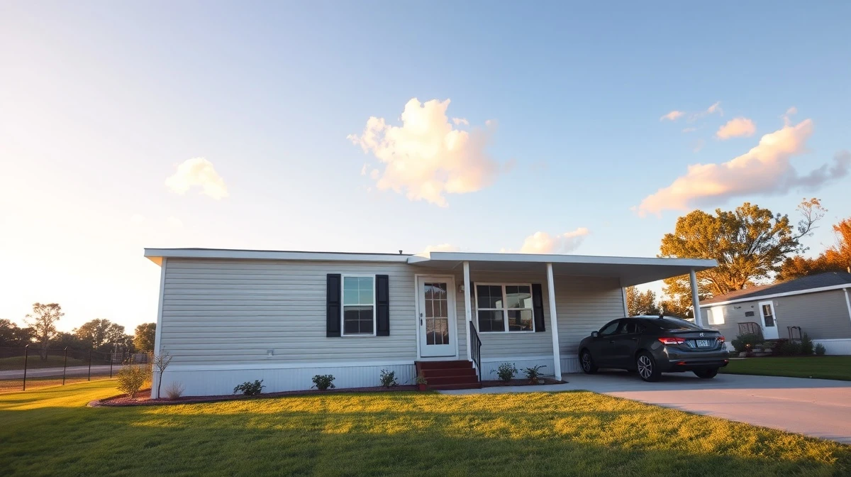 Modern manufactured home in suburban setting during golden hour