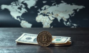 Mexican Peso coins and US dollars on a table with a world map in the background, representing currency market volatility.