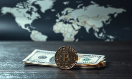 Mexican Peso coins and US dollars on a table with a world map in the background, representing currency market volatility.