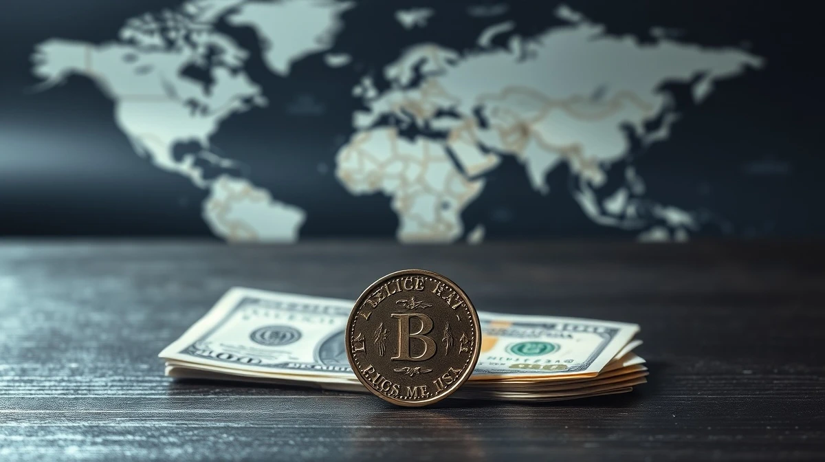 Mexican Peso coins and US dollars on a table with a world map in the background, representing currency market volatility.