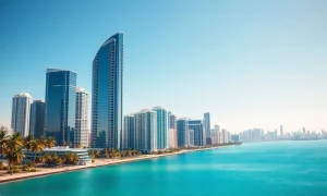 Miami skyline with modern towers and palm trees, New York skyline fading in background