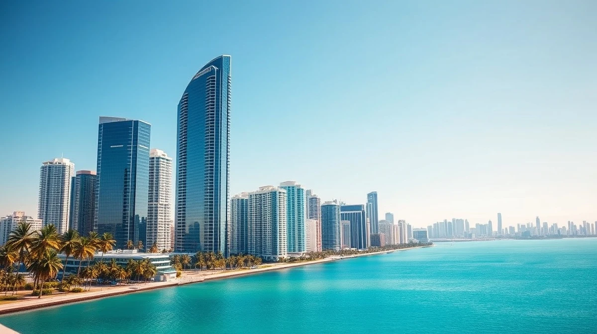 Miami skyline with modern towers and palm trees, New York skyline fading in background