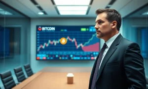 Michael Saylor in a boardroom looking at a Bitcoin price chart on a large digital display.